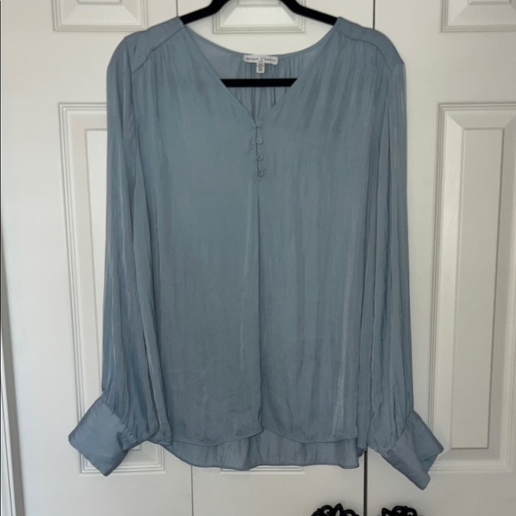 Maison D’Amelie Tops - Maison d’Amelie Light Blue Pleated V-Neck Flowy Long Sleeve Blouse - xl